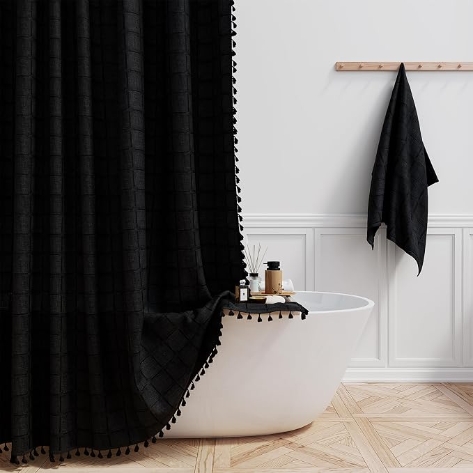 Long Boho Farmhouse Linen Heavy Duty Shower Curtain, 72x84, Black | Tall Size, 330GSM Linen Blend, 3-side Tassels, Water Repellent Fabric, 12 Plastic Hooks, Rustic Bohemian, Machine Washable