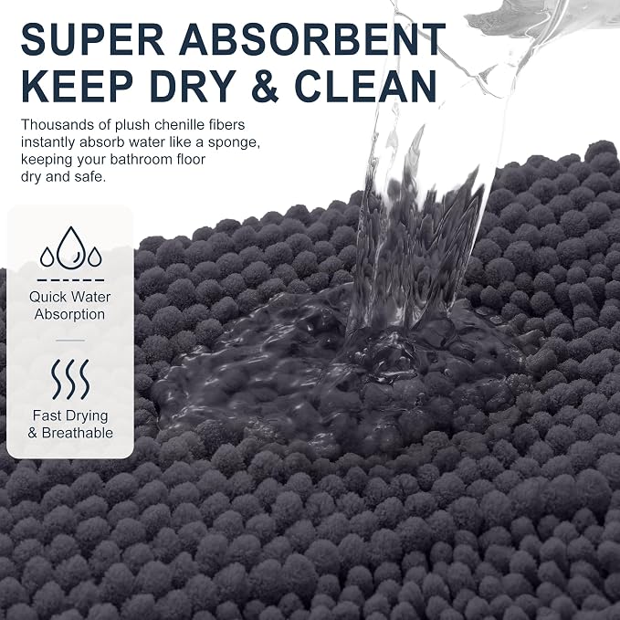 Smiry Thick Chenille Large Bathroom Runner Rugs 47x32, Bath Mat, Dark Grey | Quick‑Dry & Machine Washable, Non‑Slip Bath Carpet, Soft Striped Bath Rugs for Tub & Shower, Modern Home Decor Accessories