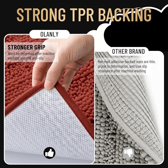 OLANLY Thick Bathroom Rugs 36x24, Chenille Bath Rugs, Rustic Terracotta | Rubber Backing, Machine Wash, Extra Absorbent Striped Bath Mats for Bathroom Floor, Tub and Shower, Home Decor Accessories