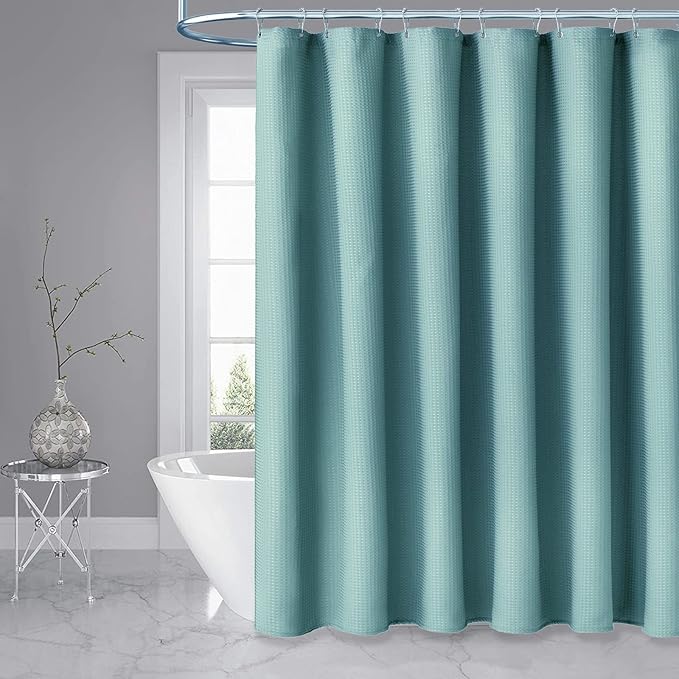 Stall Waffle Shower Curtain 256 GSM Heavy 54"x78" Teal/Turquoise | 54 x 78 Inch Long, Thick Polyester Cloth, Weighted Hem, Water Repellent, Washable, Hotel Bathroom Shower Curtain Set 10 Hooks