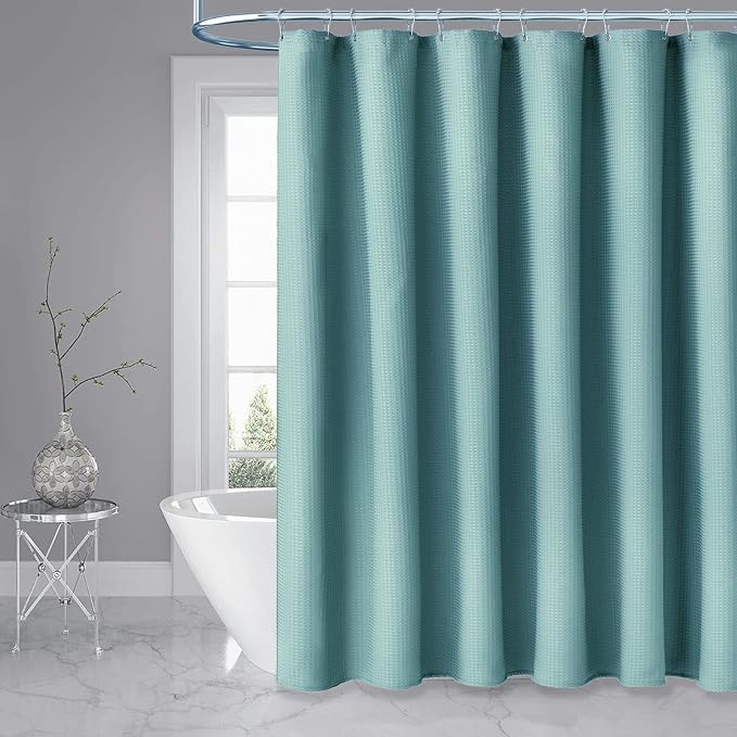 Extra Wide Waffle Shower Curtain 256 GSM 108"x72" Teal/Turquoise | 108 Inch Wide, Thick Polyester Cloth, Weighted Hem, Water Repellent, Washable, Hotel Shower Curtain Set for Bathroom 18 Hooks