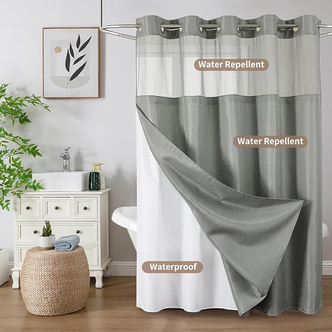 Colorful Star Waffle Weave No Hook Shower Curtain Set, 72 x 81 Inch, Grey | Heavy Duty Thick Shower Curtain Sets with Snap in Fabric Liner and Mesh Top Window, Hotel Style Waterproof Bathroom Curtain