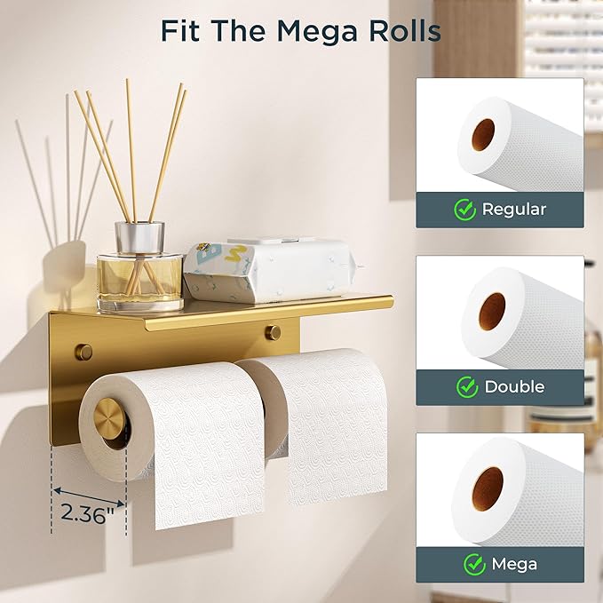 FORIOUS Toilet Paper Holder with Shelf, Commercial Toilet Paper Dispensers | Brushed Gold | Wall Mount Bathroom Tissue Holder | SUS304 Stainless Steel Rustproof | Double Tissue Roll Holder