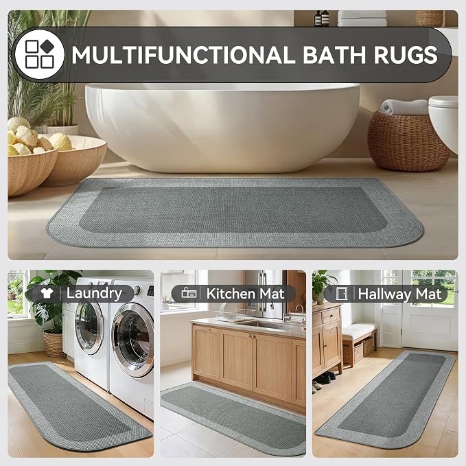 Bathroom Runner Rug, Long Thin Bath Mat Fit Under Door, Grey 17x47 | Quick Dry Absorbent, Rubber Backing Washable Large Bathmat, Shower Mat for Bathroom Floor, Tub and Outside Shower