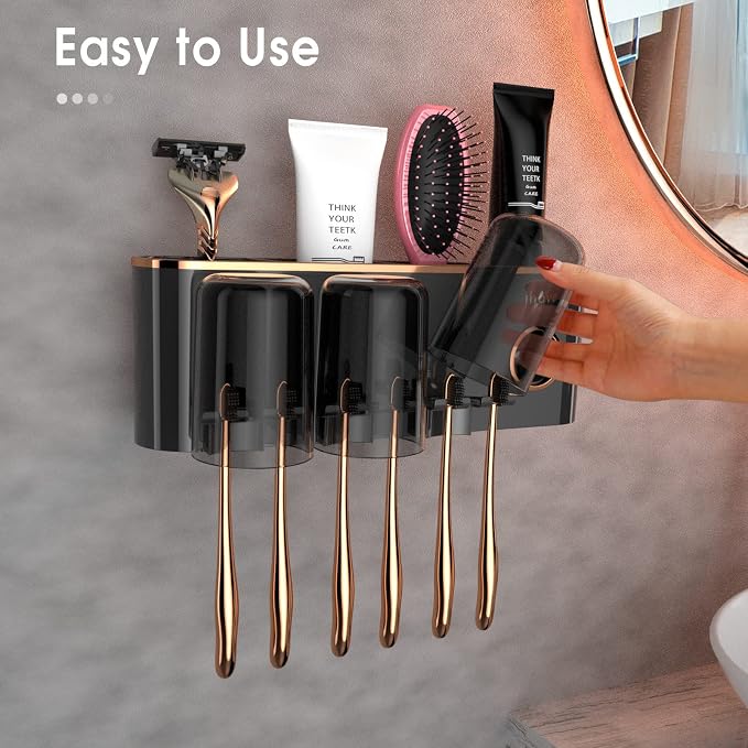 iHave Toothbrush Holders for Bathrooms Wall Mounted with Dispenser & 3 Cups | 9 Slots Wall Mount Toothbrush Holders for Bathrooms with Squeeze Toothpaste Dispenser, 3 Cups & 3 Compartments Organizer