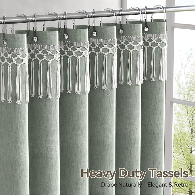 AmazerBath Green Shower Curtains for Bathroom, Boho Farmhouse Shower Curtain with Top Tassels, Sage Green Shower Curtain with 12 Hooks, Faux Linen Fabric Hotel Quality, 72x72 Inches