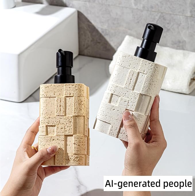 Soap Dispensers,2 PCS,13.53 OZ,Luxurious Faux Travertine,Cream | Modern,Hand Dish Lotion Shampoo and Conditioner Dispenser,Empty Bottle,No Leak Rustproof Pump for Bathroom Countertop Kitchen