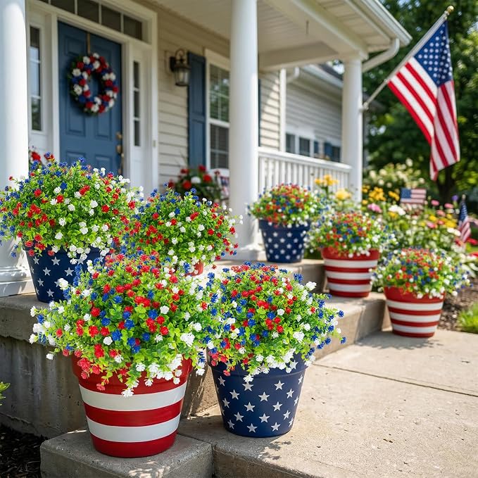 Hananona 48 Pcs Artificial Flowers Outdoor, Faux Artificial Plants UV Resistant Plastic Patriotic Flower Bulk for 4th of July Hanging Planter Porch Window Home Summer Decor (48, Red, White, Blue)