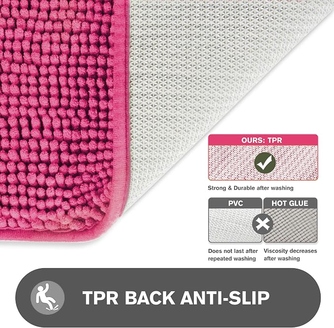 Hot Pink Bathroom Rugs – Absorbent and Washable Bath Mat, Non-Slip, Thick Soft Chenille Bath Rugs for Bathroom Floor, Shower, Sink - 17" x 24"