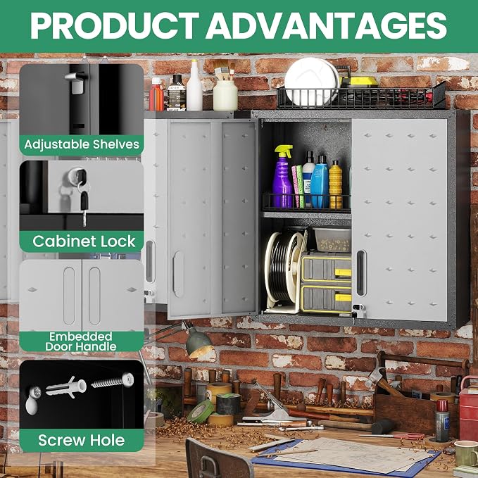 Garage Storage Cabinet System,Wall Cabinet & Locking Rolling Tool Cabinet with Doors and Adjustable Shelves