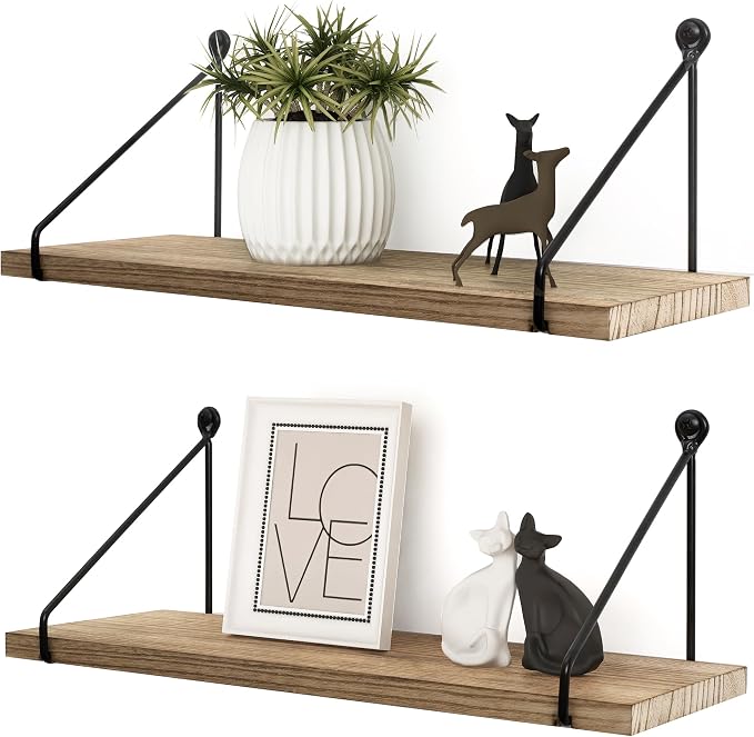 Afuly Rustic Floating Shelves for Wall, Wood Shelf with Brackets, Set of 2 | Solid Wood and Metal, Hanging Bookshelf, Plants Photos Display, for Bathroom, Kitchen, Living Room, Bedroom, Home Decor