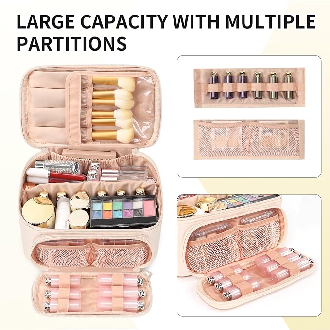 Makeup Bag, Multifunctional Large Cosmetic Organizer Toiletry Brushes Storage Case for Women Girls with Handle Divider - Beige