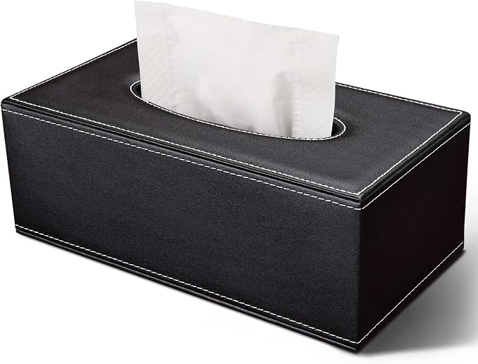 Tissue Box Cover Rectangular, PU Leather Tissue Box Holder for Kleenex, Napkin, Tissue Box Cover Rectangle, Tissue Holder for Bathroom Car Home Decorative 9.84"X5.63"X4.53" - Black