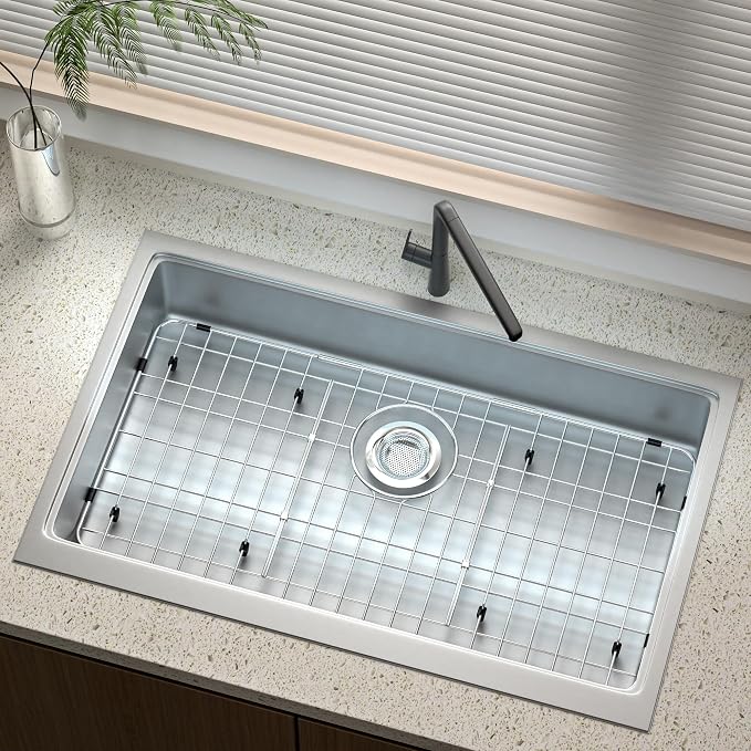Sink Protector for Kitchen Sink,27.2 X 13.3 inch Sink Rack,Metal Sink Grate with Strainer,Stainless Steel Sink Grid for Bottom of Sink with Rear Drain Hole Dia 5",Corner Radius 1"