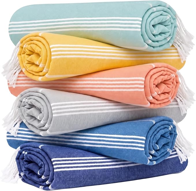 Turkish Beach Towel Set of 6 Oversized 72x40 100% Turkish Cotton | Soft Hammam Peshtemal, Sand Free, Quick-Dry, Absorbent Bath Towel | Lightweight & Compact for Travel, Pool, Gym, Spa