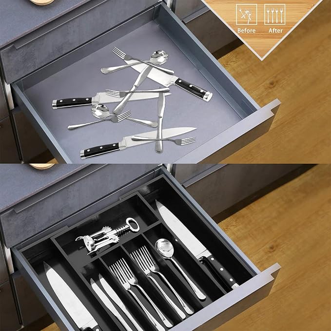 VaeFae Bamboo Drawer Organizer, Medium, Black | Wooden Utensil Holder for Forks Knives, 38 cm D x 29.2-45.7 cm W, 5-7 Slots, Black
