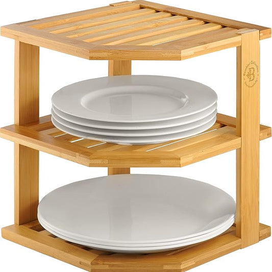 Bambüsi Kitchen Cabinet Organizer, Corner Plate Organizer for Cabinet | 3-Tier Bamboo Corner Shelf Rack, Holds Plates Bowls Mugs Cups, Space Saving Dish Storage Organization, Easy Assembly