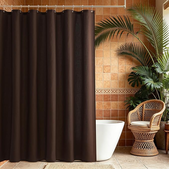Linen Shower Curtain 80 Inch Long for Bathroom Boho Farmhouse Fabric Shower Curtains Set with Hooks Neutral Cloth Modern Cottage Core Waterproof,Coffee Brown