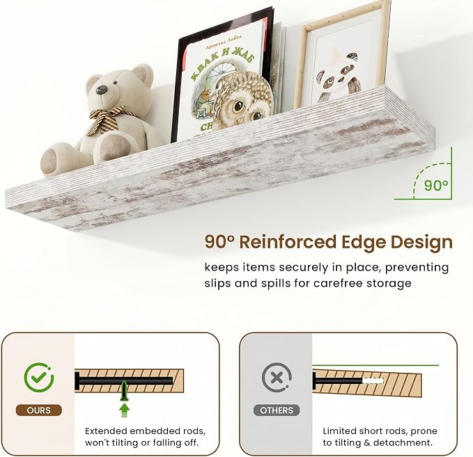 9.25in Depth 40in Floating Shelves, 40x9.25x1.4, Vintage White, Set of 2 | Wall Mounted Engineered Wood Shelves, Invisible Brackets for Living Room, Bedroom, Bathroom, Kitchen Decor and Storage
