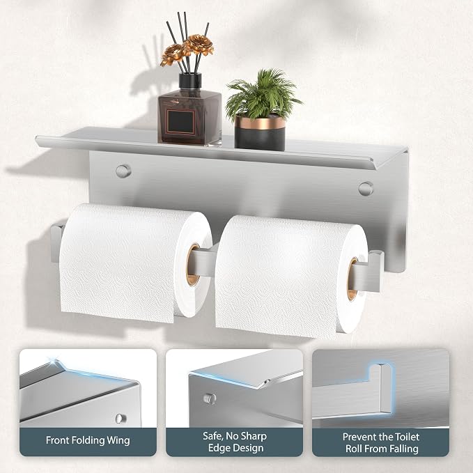 FORIOUS Toilet Paper Holder with Shelf, Commercial Toilet Paper Dispenser | Brushed Nickel | SUS304 Stainless Steel Wall Mount Double Bathroom Tissue Roll Holder for Hotel, Apartments, etc