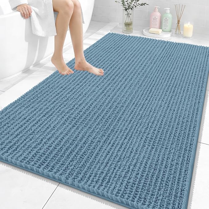 OLANLY Large Bathroom Rugs 59x35, Thick Soft Absorbent Chenille Bath Rugs | Airy Blue, Quick-Drying Rubber Backing, Shaggy Bath Mat, Machine Washable for Floor, Tub and Shower, Home Decor Accessories