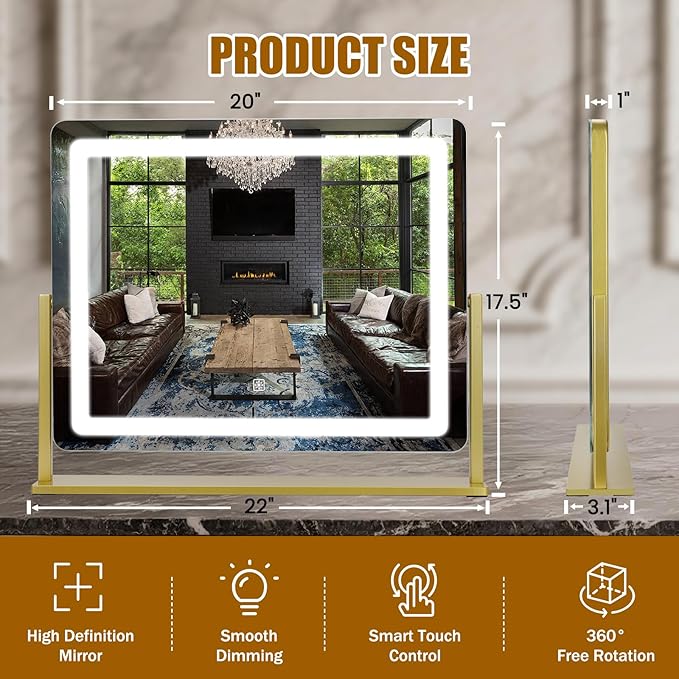 Vanity Mirror with Lights 22"×17", Large LED Makeup Mirror with Light, Smart Touch with 3-Color Lighting, Dimmable, 360° Rotation, HD Desk Mirror, Vanity Mirror Tabletop (Gold)