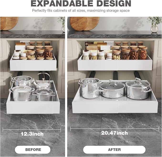 Seinloes 2 Pack Pull Out Cabinet Organizer 18" Deep,Full Extension 3 Slide Rails Slide Out Drawers With Raising Pad for Framed Cabinets,Expandable Width (12.3"-20.5"),No Drill Roll Out shelf,White