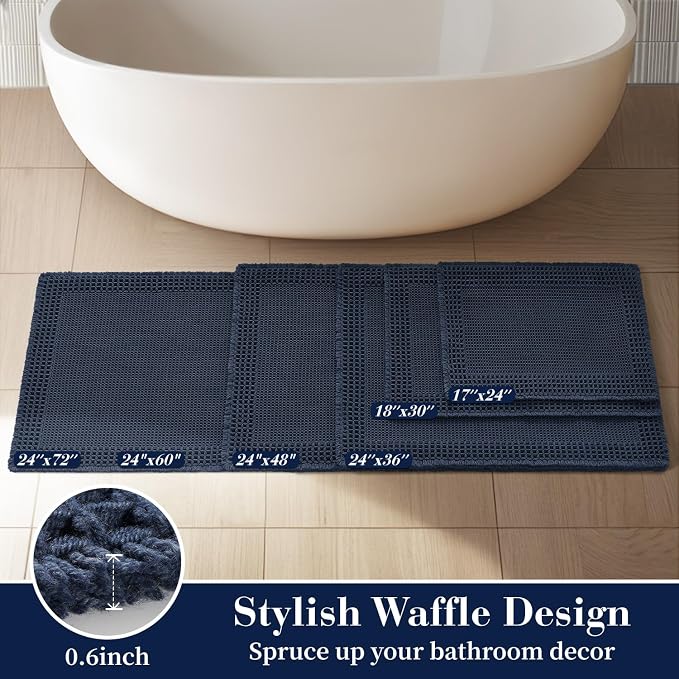 RESARE Waffle Bath Mat for Bathroom, Non Slip Bathroom Rugs 20"x32" Navy | Absorbent Boho Bathroom Floor Mats Machine Washable Quick Dry, Soft Solid Bath Rugs with Tassels, Ideal Farmhouse Home Decor