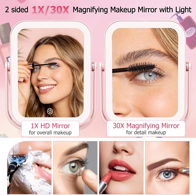 FUNTOUCH 3000mAh Rechargeable Travel Magnifying Mirror with Light, Pink | 2-Sided 30X Magnifying travel makeup mirror with 3-Color Lighting, Dimmable Touch Screen,Compact Vanity Mirror for Women Gift