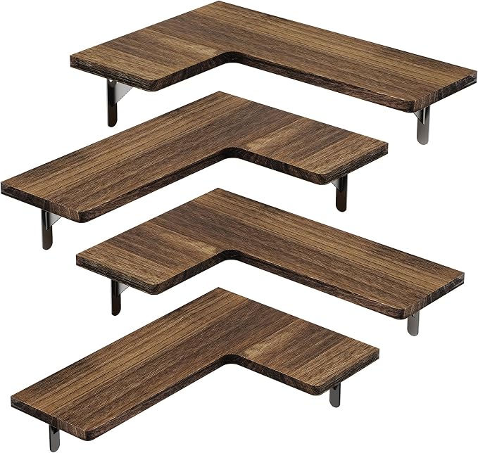 Amada Corner Floating Shelves, Paulownia Wood, Set of 4, Brown | Corner Wall Shelves with Triangular Metal Bracket, 44 lbs Capacity per Shelf, L-Shaped Design for Home Decor, Office, Bedroom