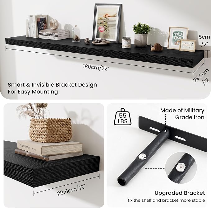 Fun Memories 72 Inch Fireplace Mantel Shelf, 12 Inch Deep Shelves for Display & Wall Storage, Rustic Wood Wall Shelf, Extra Long Floating Shelves for Living Room Laundry Room, Black, Set of 2