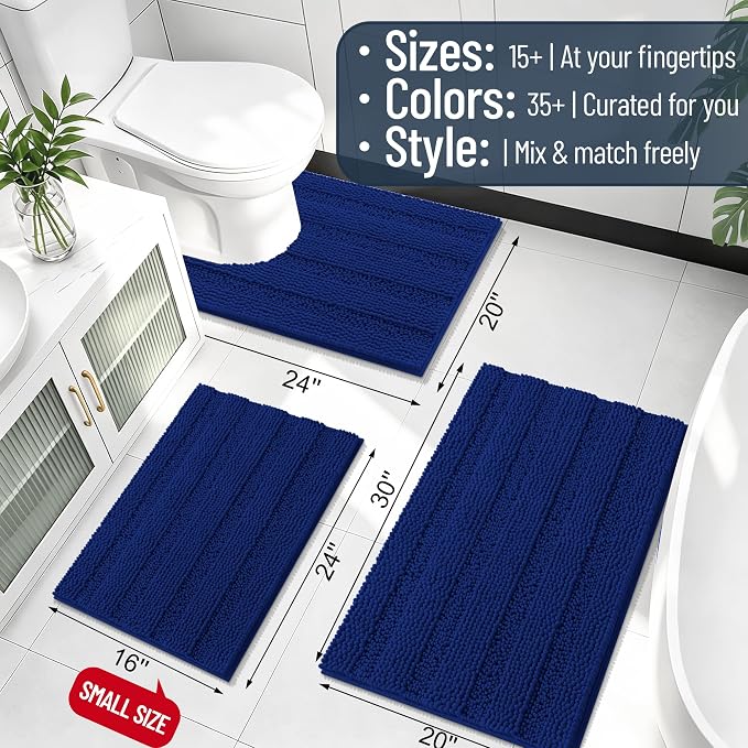 Smiry Thick Chenille Bathroom Rugs 30x20, Soft Absorbent Bath Mat, Navy | Quick‑Dry & Machine Washable, Non‑Slip Bath Carpet, Striped Bath Rugs for Tub & Shower, Modern Home Decor Accessories