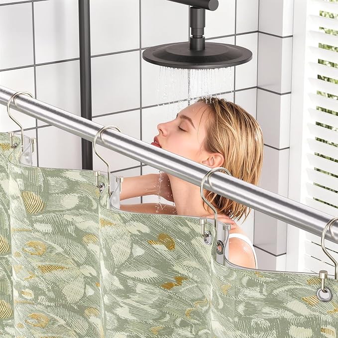 Bathway 12-Pack Double Shower Curtain Hooks, Rust-Resistant Metal Shower Curtain Rings with High-Low Design to Separate Liner & Curtain, Smooth Glide, Nickel