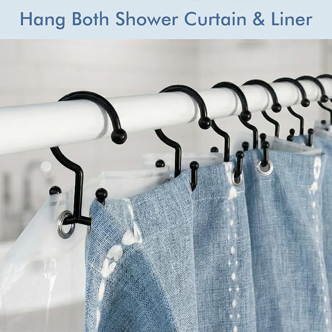 Bathway Black Plastic Double Shower Curtain Hooks, 12 Shower Curtain Rings | Hang Both Shower Curtain & Liner, Waterproof, Rust-proof, Sturdy, Durable, Flexible, Multifunctional, Universal, Easy to Use