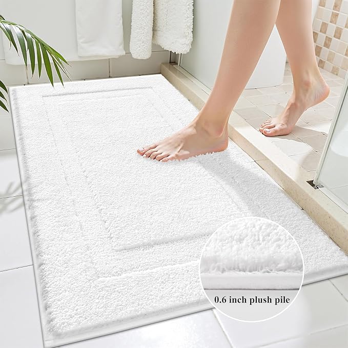 SHACOS Soft Microfiber Bathroom Rugs Set of 2 Pieces, White | 47x20 + 32x20, Absorbent Plush Bath Rugs, Non Slip Washable Shaggy Bath Mats, Fluffy Bathroom Runner Floor Mats Shower Rug