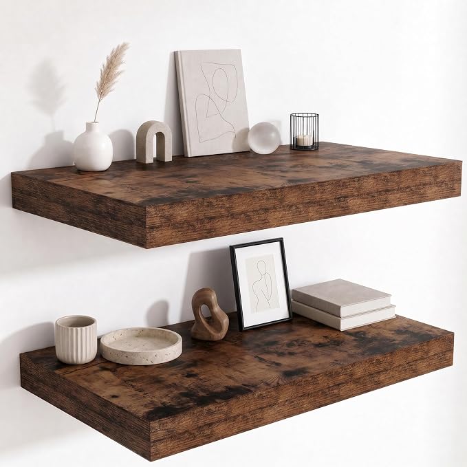12 Inch Deep Floating Shelves for Wall, 24 Inch Wide Wall Shelves Set of 2, 2 Inch Thick Heavy Duty Invisible Wall Mounted Shelves for Kitchen Living Room,Rustic Brown