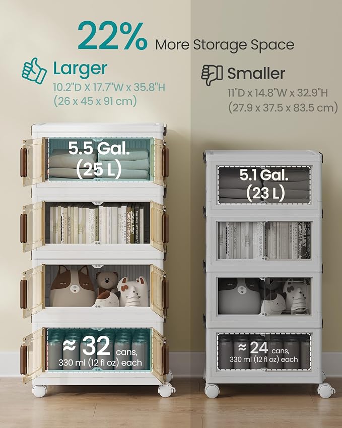 SONGMICS 26QT stackable storage bins with 1 Lid, 4-Tier Foldable Bins | Collapsible Cabinet, PP Plastic, Magnetic Doors and wheels, 17.7 x 10.2 x 35.8 inch, White, DENNYS Collection URLB445WZ01