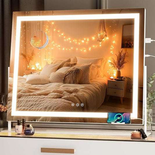 Hasipu Vanity Mirror with Lights, 25.6" x 21.3" LED Makeup Mirror, Light up Mirror with 10X Magnification and Phone Holder, USB Charging Port, Smart Touch 3 Colors Dimmable, 360° Rotation (White)