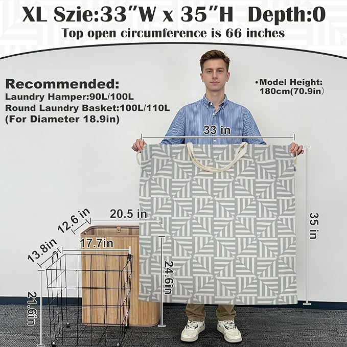 Canvas Laundry Bag with Handles & Drawstring, XL 33"Wx 35"H, Geometry Gray | Extra Large Heavy Duty Washable Basket Liner Hamper Liner Replacement, Thick Canvas Storage Sack, 1Pack