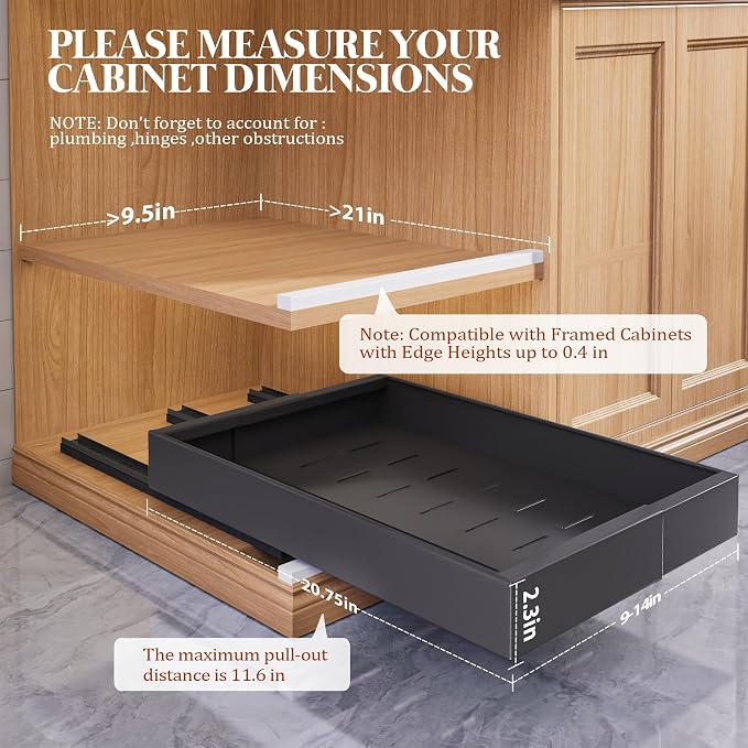 Seinloes 4 Pack Expandable Pull Out Cabinet Organizer 21" Deep With Raising Pad for Framed Cabinets,Upgrade 3 Slide Rails Slide Out Drawers,No Drill Roll Out Shelves,Adjustable Width 9"-14" Black
