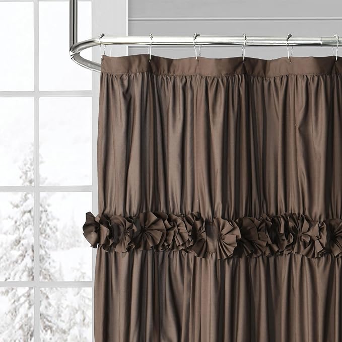 Victorian Chocolate Ruffle Shower Curtain 72" W x 72" H | Vintage Handcrafted Bow Tie Bath Curtain for Master Bathroom, Ruched Microfiber Bathroom Curtain with 12 Buttonholes (LQ-10)