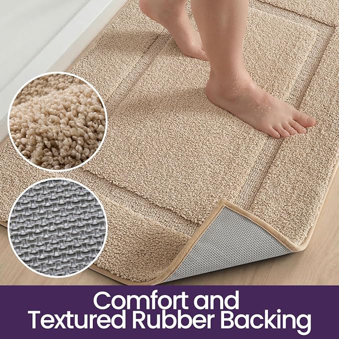 DEXI Bath Mat 24x16, Absorbent and Non Slip Bathroom Rugs, Beige | Soft Plush Microfiber Bathmat, Machine Washable & Quick Dry, Rubber Back Small Rug for Shower, Tub, Sink