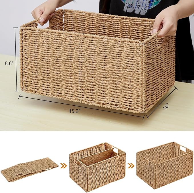 Wicker Storage Basket, Set of 2 Hand-Woven Paper Rope Wicker Basket, Small Storage Baskets for Organizing Toilet Paper Basket, Foldable Large Cube Storage Organizer Bins for Shelves (Natural)