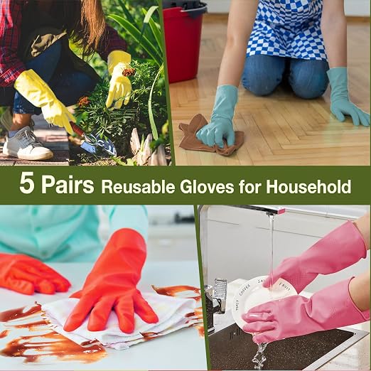 Cleaning Gloves Dishwashing 5 Pairs Reusable Non Slip Rubber Kitchen Small | 12.6-Inch Cuff, Textured Anti-Skid Palm Grip, Soft Skin-Friendly Rubber, 4-Color for Multi-Use, Easy Pull-On Flexible Fit