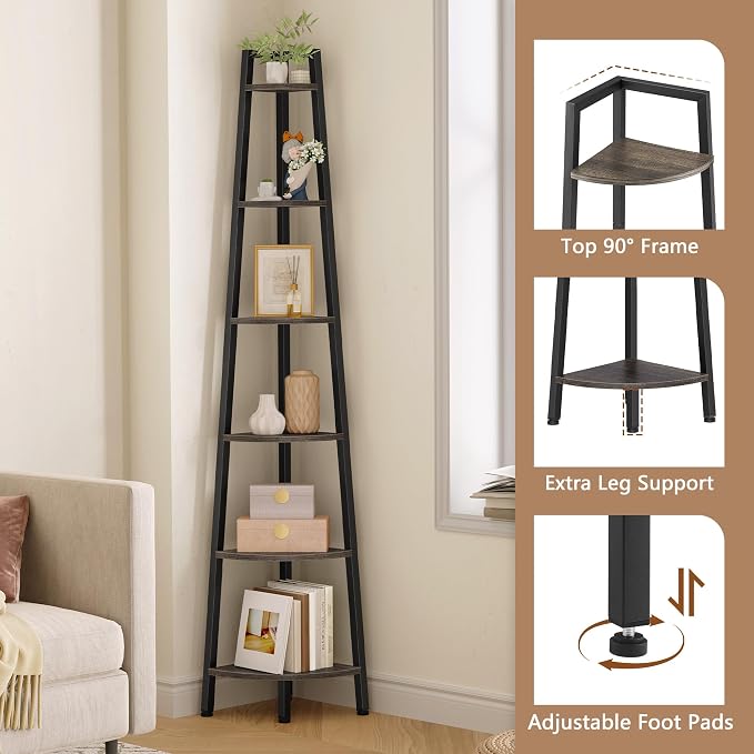 Hoctieon Corner Shelf, 6-Tier Corner Bookshelf, Rustic Ladder Shelf, Industrial Display Stand for Living Room, Kitchen, Home Office, Balcony, Small Space, Metal Frame, Grey