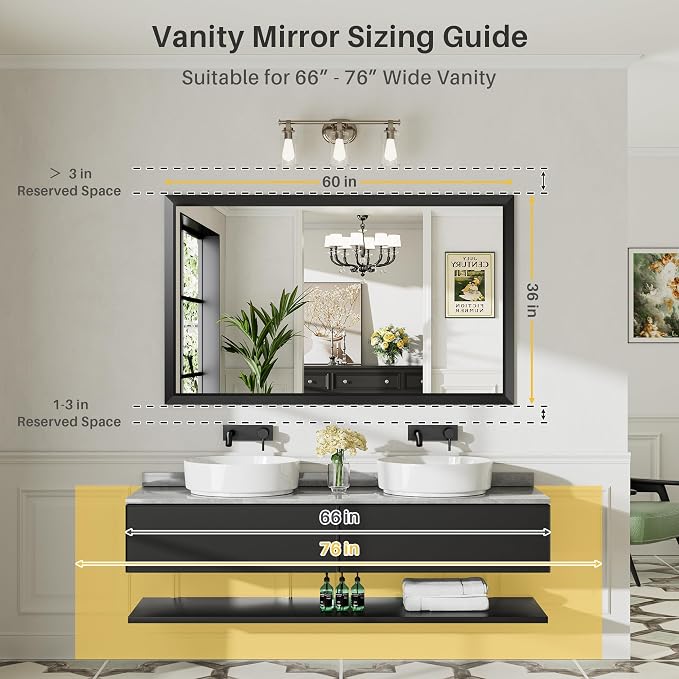 60x36 Inch Black Bathroom Mirror for Wall, Thick Metal Framed Rectangle Mirrors for Over Sink, Bedroom, Living Room, Entryway, Anti-Rust, HD Tempered Glass