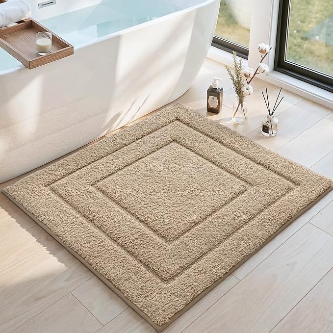 DEXI Square Bathroom Rug 32x32, Non-Slip and Absorbent Bath Mat, Beige | Machine Washable, Soft Plush Microfiber Bathmat with Rubber Back, Quick Dry Rug for Shower, Tub, Sink