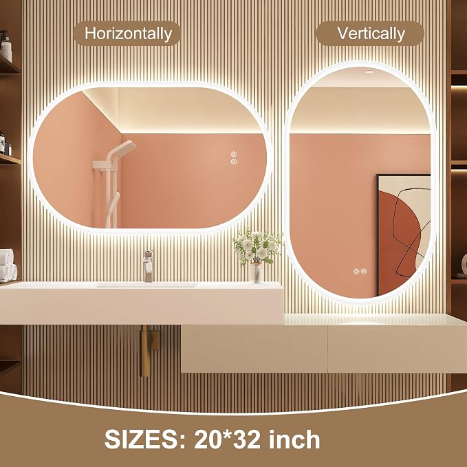 STARLEAD 32"x20" LED-Bathroom-Mirror-with-Lights, Wall-Mounted with Anti-Fog, 3 Color Temperature, Dimmable Brightness, Waterproof, Tempered Glass, Frontlit & Backlit, Oval