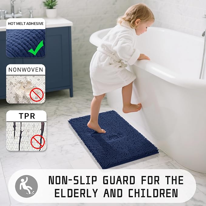 Yimobra Washable Bathroom Rugs, Super Soft & Absorbent Chenille Bath Mat for Floor & Carpet, Quick Dry Non Slip Bath Mat for Tub Shower, 32"x20",Navy Blue