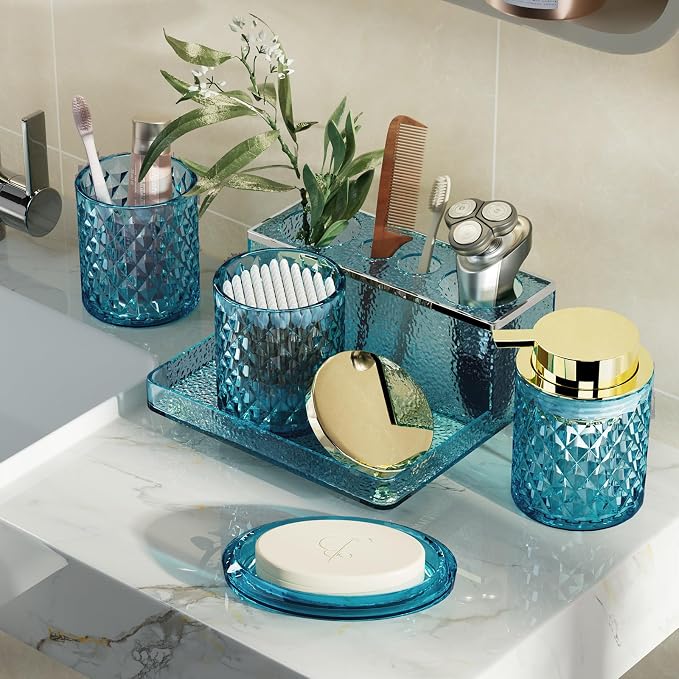 Glass Bathroom Accessories Set 5Pcs Crystal Teal, Foaming Soap Dispenser, Soap Dish, Cup, Acrylic Toothbrush Holder with Tray Organizer, Cotton Swab Jar, Bathroom Counter Set Sink Decor